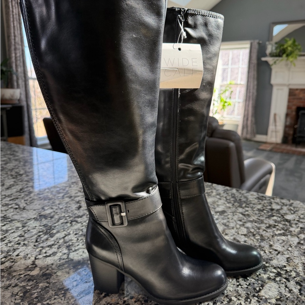 Wide Calf Black Knee-High Block Heel Boots